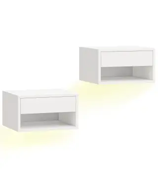 Juego de 2 Mesitas de Noche Flotantes con Luces LED RGB Control de APP Cajón Estante Abierto 37x32x21 cm Blanco