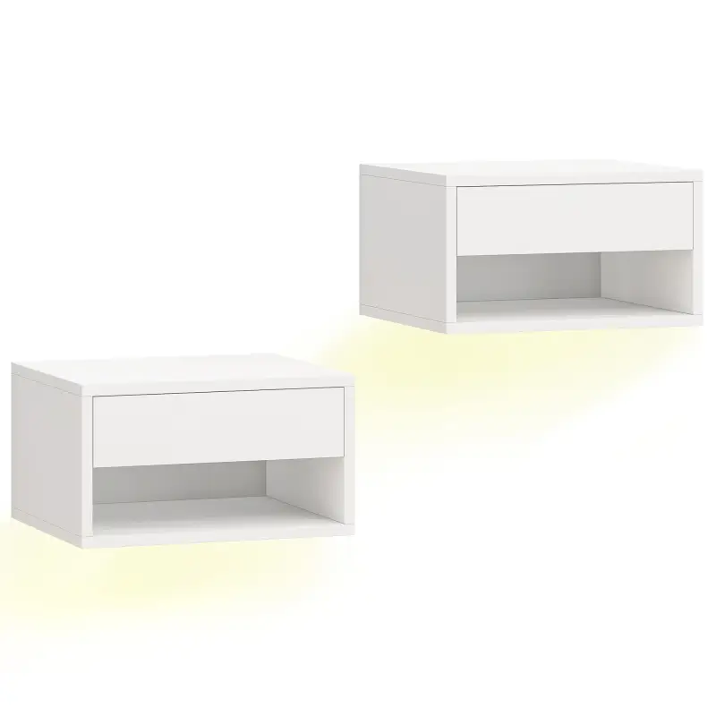 Juego de 2 Mesitas de Noche Flotantes con Luces LED RGB Control de APP Cajón Estante Abierto 37x32x21 cm Blanco