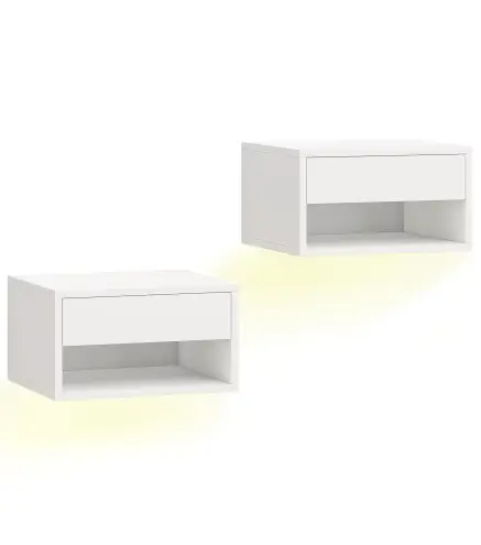 Juego de 2 Mesitas de Noche Flotantes con Luces LED RGB Control de APP Cajón Estante Abierto 37x32x21 cm Blanco