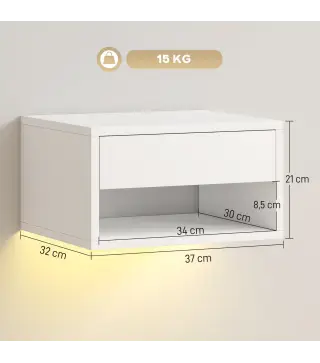 Juego de 2 Mesitas de Noche Flotantes con Luces LED RGB Control de APP Cajón Estante Abierto 37x32x21 cm Blanco