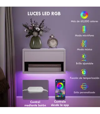 Juego de 2 Mesitas de Noche Flotantes con Luces LED RGB Control de APP Cajón Estante Abierto 37x32x21 cm Blanco
