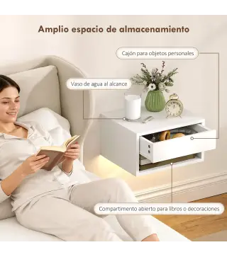 Juego de 2 Mesitas de Noche Flotantes con Luces LED RGB Control de APP Cajón Estante Abierto 37x32x21 cm Blanco