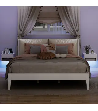 Juego de 2 Mesitas de Noche Flotantes con Luces LED RGB Control de APP Cajón Estante Abierto 37x32x21 cm Blanco