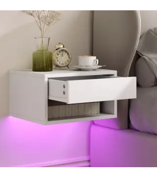 Juego de 2 Mesitas de Noche Flotantes con Luces LED RGB Control de APP Cajón Estante Abierto 37x32x21 cm Blanco