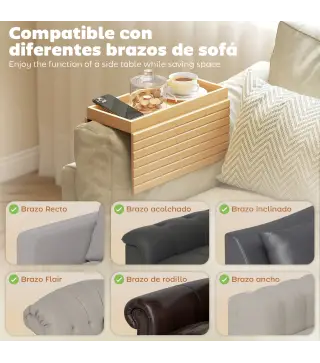 Bandeja de Brazo para Sofá de Bambú Plegable y Flexible con Base Antideslizante para Aperitivos Teléfonos y Bebidas