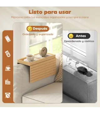 Bandeja de Brazo para Sofá de Bambú Plegable y Flexible con Base Antideslizante para Aperitivos Teléfonos y Bebidas