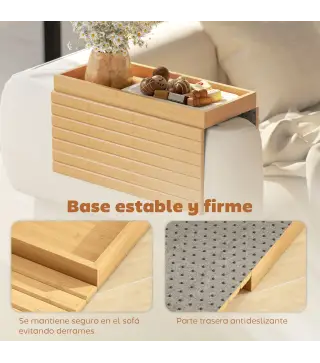 Bandeja de Brazo para Sofá de Bambú Plegable y Flexible con Base Antideslizante para Aperitivos Teléfonos y Bebidas