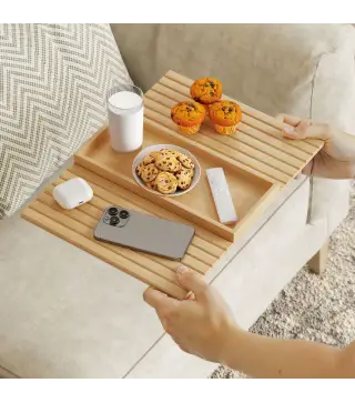 Bandeja de Brazo para Sofá de Bambú Plegable y Flexible con Base Antideslizante para Aperitivos Teléfonos y Bebidas