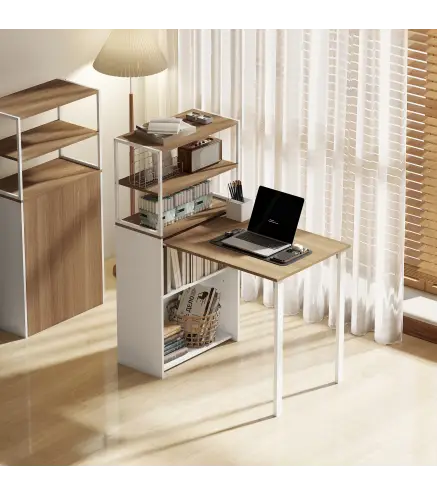 Escritorio Plegable con Estantería con 4 Estantes Mesa de Ordenador para Estudio Oficina Casa 105x60x127 cm Natural