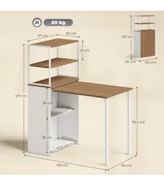 Escritorio Plegable con Estantería con 4 Estantes Mesa de Ordenador para Estudio Oficina Casa 105x60x127 cm Natural