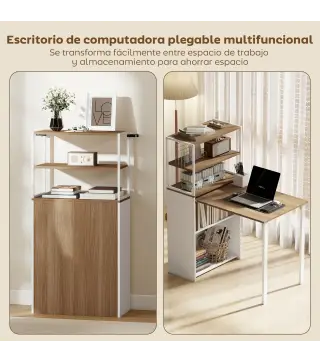 Escritorio Plegable con Estantería con 4 Estantes Mesa de Ordenador para Estudio Oficina Casa 105x60x127 cm Natural