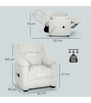 Sillón relax eléctrico sillón reclinable puerto USB reposapiés bolsillos laterales mando a distancia 86x90x103cm crema