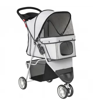 Carrito para Perros Pequeños Plegable hasta 10 kg con 3 Ruedas Capota Ajustable Cesta Ventanas de Malla Portavasos Gris