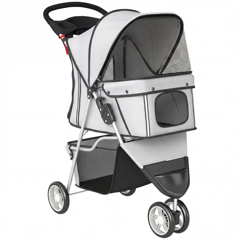 Carrito para Perros Pequeños Plegable hasta 10 kg con 3 Ruedas Capota Ajustable Cesta Ventanas de Malla Portavasos Gris Carrito para Perros Pequeños Plegable hasta 10 kg con 3 Ruedas Capota Ajustable Cesta Ventanas de Malla Portavasos Gris