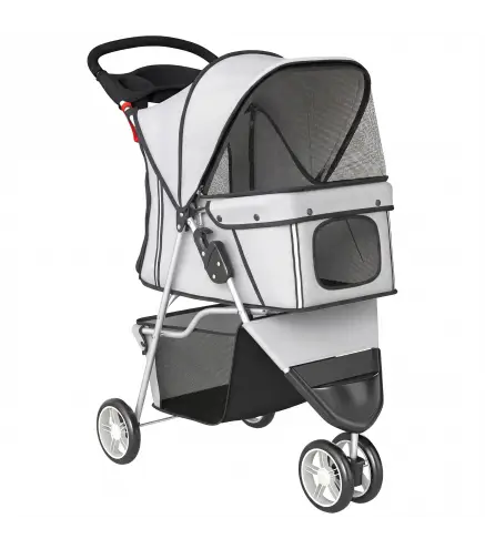 Carrito para Perros Pequeños Plegable hasta 10 kg con 3 Ruedas Capota Ajustable Cesta Ventanas de Malla Portavasos Gris