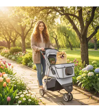 Carrito para Perros Pequeños Plegable hasta 10 kg con 3 Ruedas Capota Ajustable Cesta Ventanas de Malla Portavasos Gris
