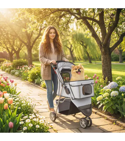 Carrito para Perros Pequeños Plegable hasta 10 kg con 3 Ruedas Capota Ajustable Cesta Ventanas de Malla Portavasos Gris