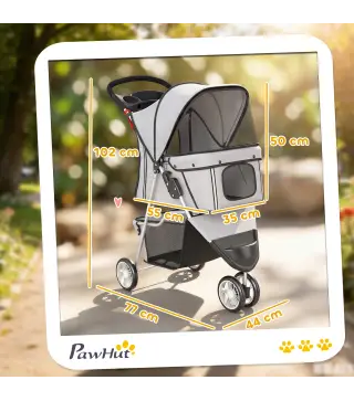 Carrito para Perros Pequeños Plegable hasta 10 kg con 3 Ruedas Capota Ajustable Cesta Ventanas de Malla Portavasos Gris