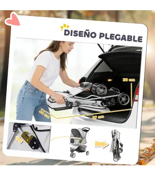 Carrito para Perros Pequeños Plegable hasta 10 kg con 3 Ruedas Capota Ajustable Cesta Ventanas de Malla Portavasos Gris