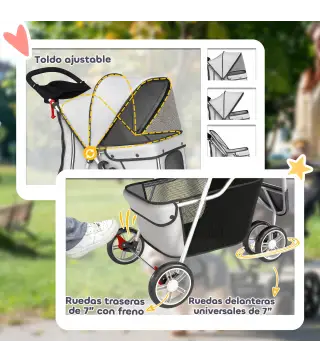Carrito para Perros Pequeños Plegable hasta 10 kg con 3 Ruedas Capota Ajustable Cesta Ventanas de Malla Portavasos Gris