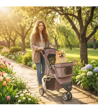 Carrito para Perros Pequeños con Cesta de Almacenaje Ventanas de Malla y Cinturón de Seguridad 77x44x102 cm Café