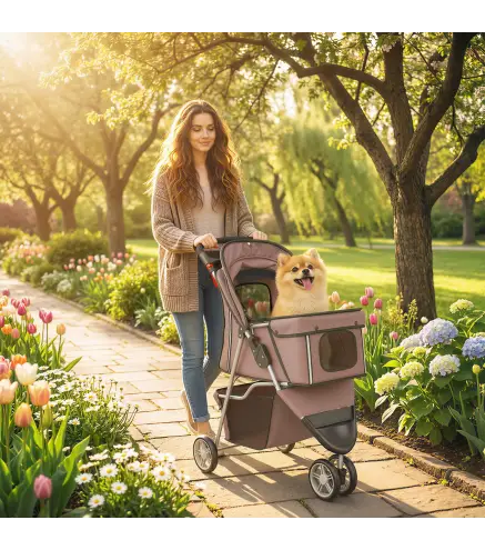 Carrito para Perros Pequeños con Cesta de Almacenaje Ventanas de Malla y Cinturón de Seguridad 77x44x102 cm Café