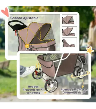 Carrito para Perros Pequeños con Cesta de Almacenaje Ventanas de Malla y Cinturón de Seguridad 77x44x102 cm Café