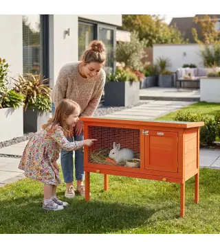 Conejera de Madera Jaula para Conejos Medianos con Techo Asfáltico Abatible Bandeja Extraíble Puerta Naranja