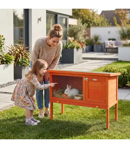 Conejera de Madera Jaula para Conejos Medianos con Techo Asfáltico Abatible Bandeja Extraíble Puerta Naranja
