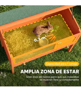 Conejera de Madera Jaula para Conejos Medianos con Techo Asfáltico Abatible Bandeja Extraíble Puerta Naranja