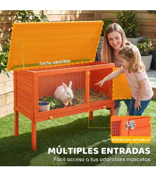 Conejera de Madera Jaula para Conejos Medianos con Techo Asfáltico Abatible Bandeja Extraíble Puerta Naranja