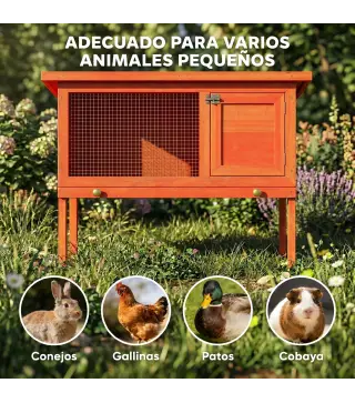 Conejera de Madera Jaula para Conejos Medianos con Techo Asfáltico Abatible Bandeja Extraíble Puerta Naranja