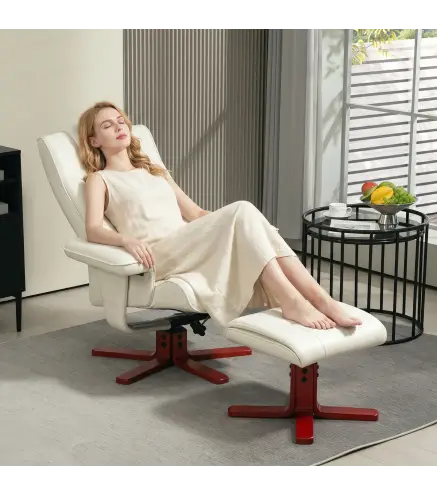 Sillón Reclinable con Reposapiés y Estructura de Madera Carga 150 kg Butaca para Dormitorio Crema