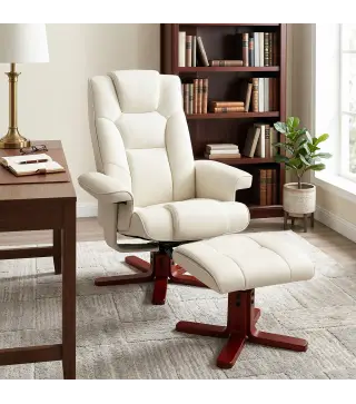 Sillón Reclinable con Reposapiés y Estructura de Madera Carga 150 kg Butaca para Dormitorio Crema
