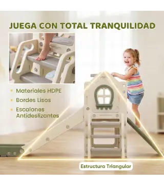 Tobogán Infantil Plegable 4 en 1 con Escalador Aro de Baloncesto Pelota Almacenamiento y Peldaños Crema