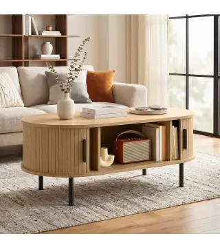 Mesa de Centro con Puertas de Tambor Deslizantes Mesa de Café Ovalada con Almacenamiento Oculto 100x55x40 cm Natural