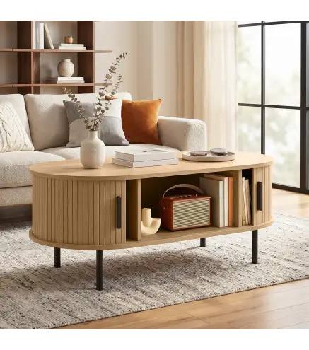 Mesa de Centro con Puertas de Tambor Deslizantes Mesa de Café Ovalada con Almacenamiento Oculto 100x55x40 cm Natural