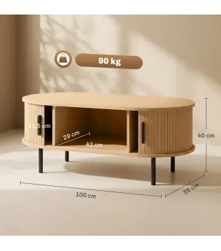 Mesa de Centro con Puertas de Tambor Deslizantes Mesa de Café Ovalada con Almacenamiento Oculto 100x55x40 cm Natural