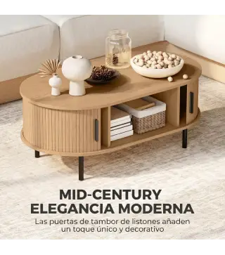 Mesa de Centro con Puertas de Tambor Deslizantes Mesa de Café Ovalada con Almacenamiento Oculto 100x55x40 cm Natural