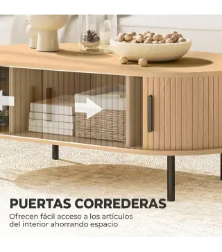 Mesa de Centro con Puertas de Tambor Deslizantes Mesa de Café Ovalada con Almacenamiento Oculto 100x55x40 cm Natural