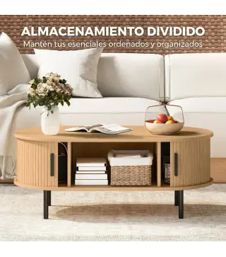 Mesa de Centro con Puertas de Tambor Deslizantes Mesa de Café Ovalada con Almacenamiento Oculto 100x55x40 cm Natural