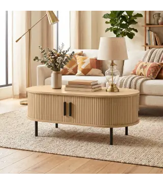Mesa de Centro con Puertas de Tambor Deslizantes Mesa de Café Ovalada con Almacenamiento Oculto 100x55x40 cm Natural