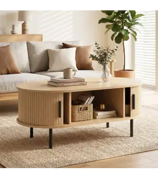 Mesa de Centro con Puertas de Tambor Deslizantes Mesa de Café Ovalada con Almacenamiento Oculto 100x55x40 cm Natural