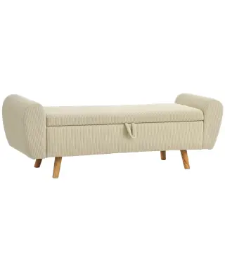 Banco Almacenaje 150 cm Tapizado en Pana Banco Pie de Cama con Brazos Redondeados y Patas de Madera Beige