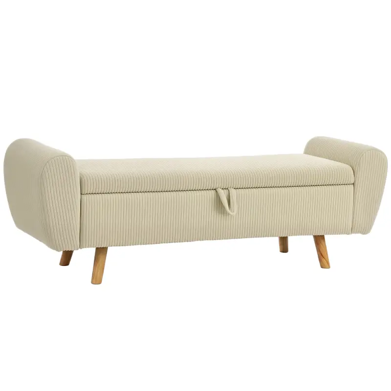Banco Almacenaje 150 cm Tapizado en Pana Banco Pie de Cama con Brazos Redondeados y Patas de Madera Beige