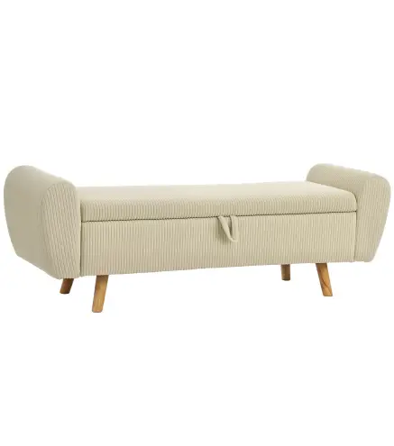Banco Almacenaje 150 cm Tapizado en Pana Banco Pie de Cama con Brazos Redondeados y Patas de Madera Beige
