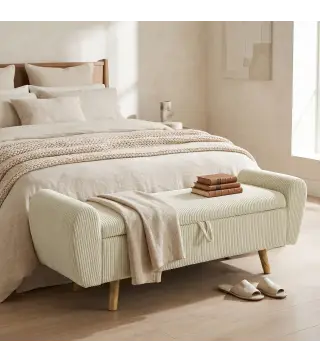 Banco Almacenaje 150 cm Tapizado en Pana Banco Pie de Cama con Brazos Redondeados y Patas de Madera Beige