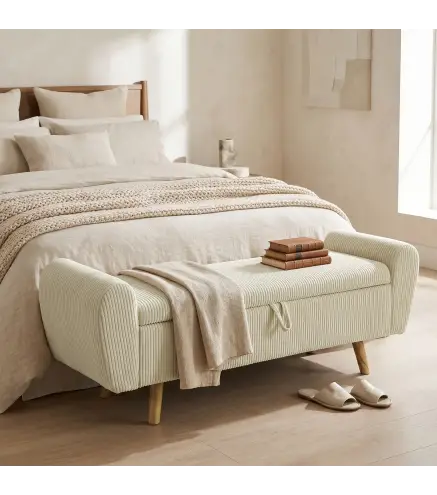 Banco Almacenaje 150 cm Tapizado en Pana Banco Pie de Cama con Brazos Redondeados y Patas de Madera Beige