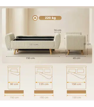 Banco Almacenaje 150 cm Tapizado en Pana Banco Pie de Cama con Brazos Redondeados y Patas de Madera Beige