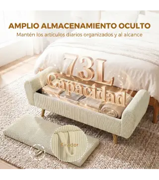 Banco Almacenaje 150 cm Tapizado en Pana Banco Pie de Cama con Brazos Redondeados y Patas de Madera Beige